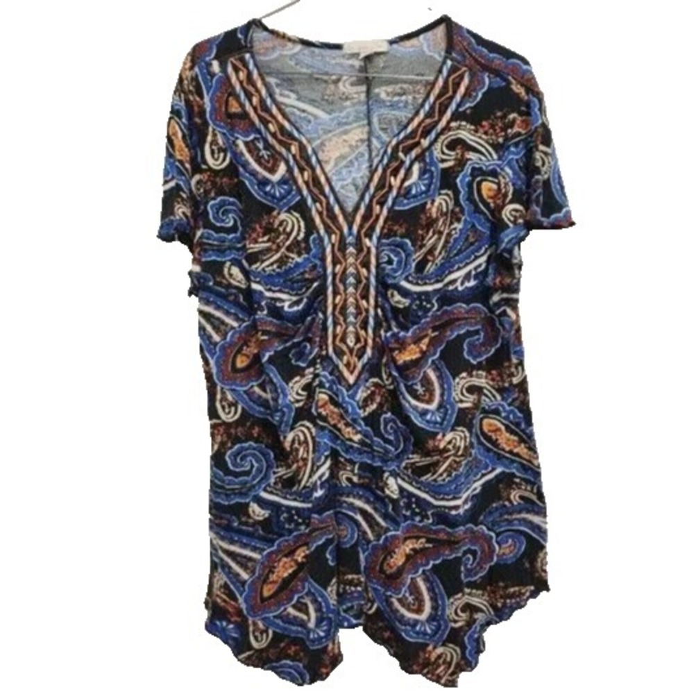DRESSBARN Women Paisley Tunic Top 2X Blue Embroidered Asymmetric Short Sleeve